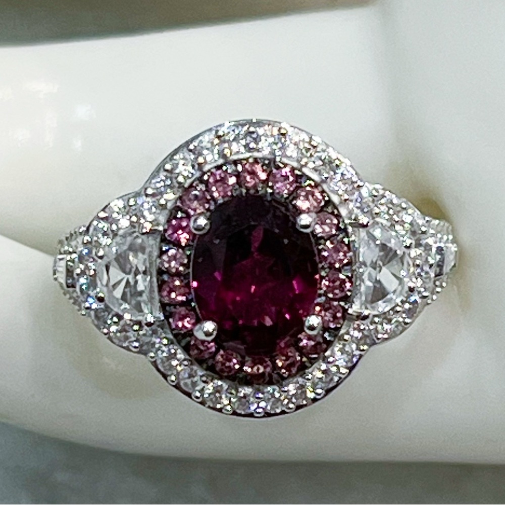 Orissa Rhodolite Garnet Multigemstone Sterling Silver Double Halo Ring Sz 9